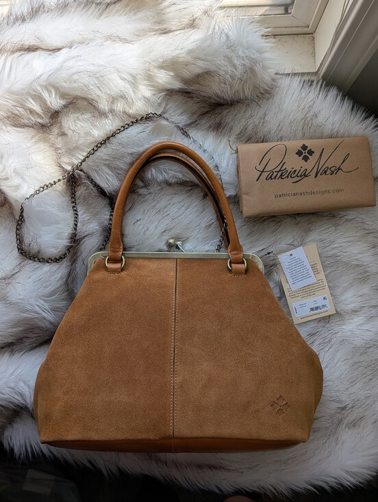 Patricia Nash Handbags - Patricia Nash Light Tan Suede & Leather Alice Frame Satchel Medium Sized Rare